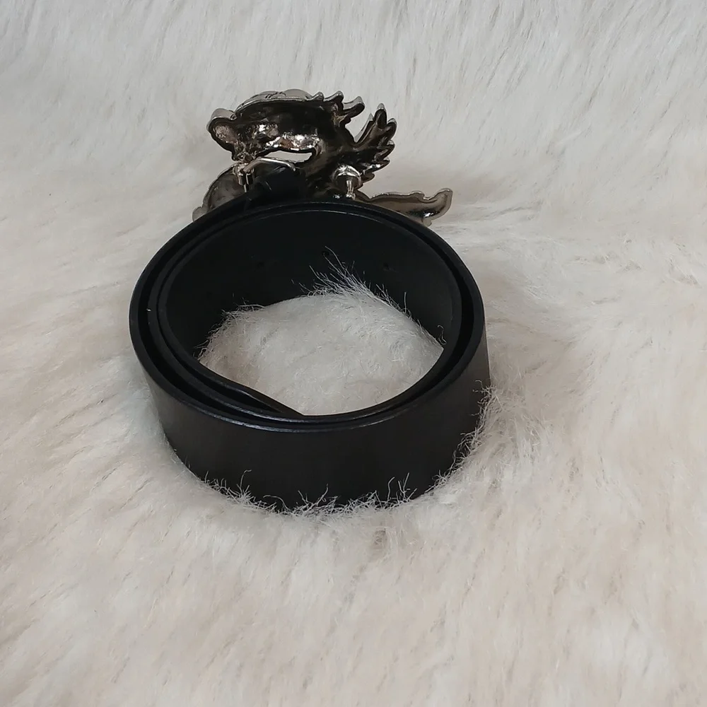 Nick & Nora Elegant Black Leather Belt with Silver Dragon Buckle Unisex Sz S - Picture 4 of 6